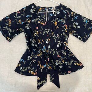 Navy Blue Floral Tie Knot Blouse